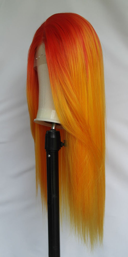 Peluca frontal de encaje degradado naranja llama