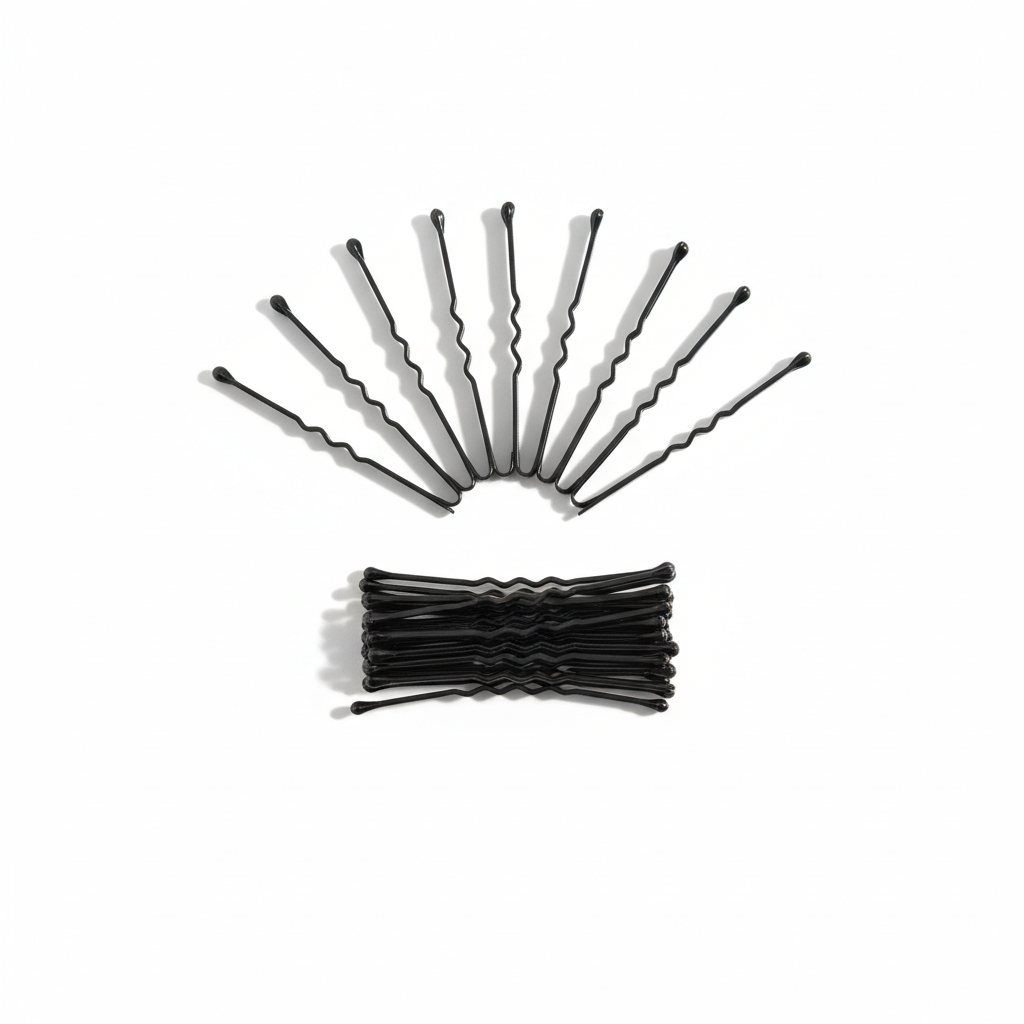 Flatlay of 20 black bobby pins arranged on white background