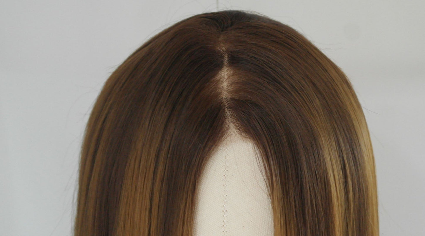 Peluca frontal de encaje de mezcla de cabello humano castaño cálido