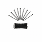Flatlay of 20 black bobby pins arranged on white background